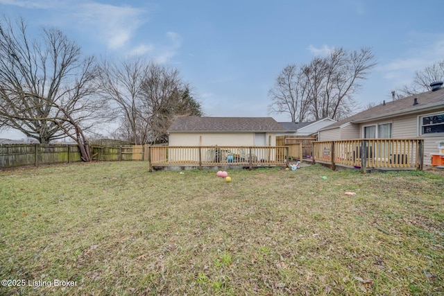 view of yard with a deck and a fenced backyard