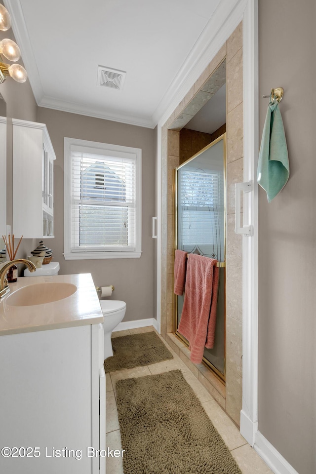 bathroom with vanity, walk in shower, toilet, tile patterned floors, and ornamental molding