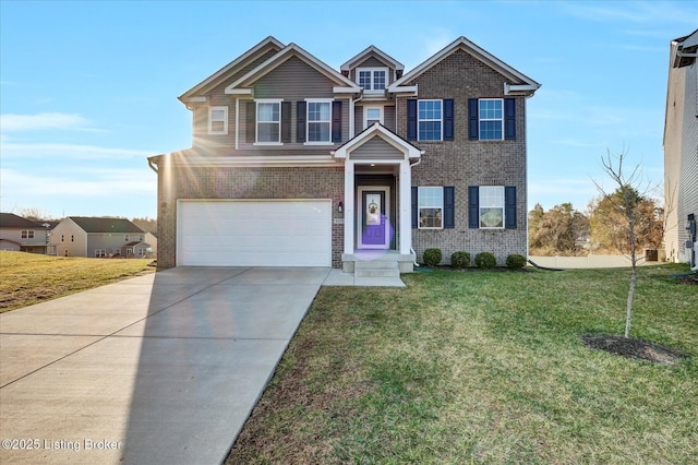 view of front of home with a front lawn, an attached garage, brick siding, and concrete driveway