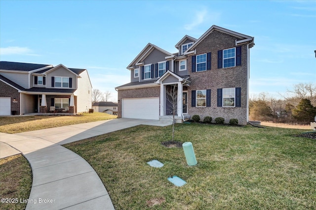 view of front facade with a front lawn, an attached garage, brick siding, and driveway