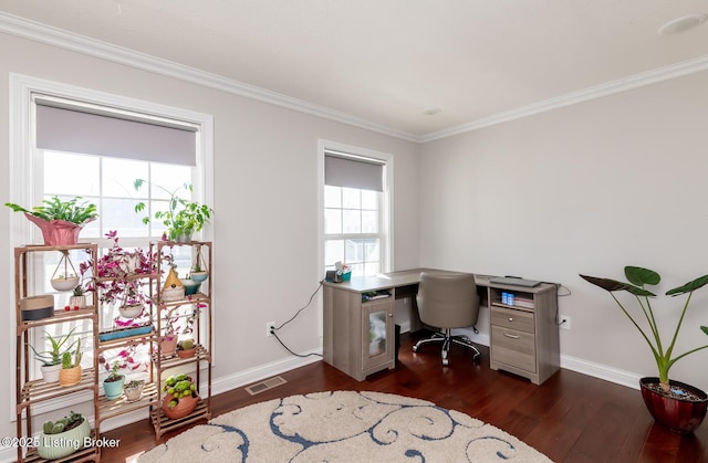 office space with crown molding, dark wood-style flooring, visible vents, and baseboards