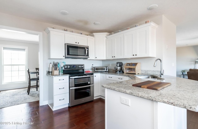 kitchen with a peninsula, dark wood-type flooring, stainless steel appliances, and a sink