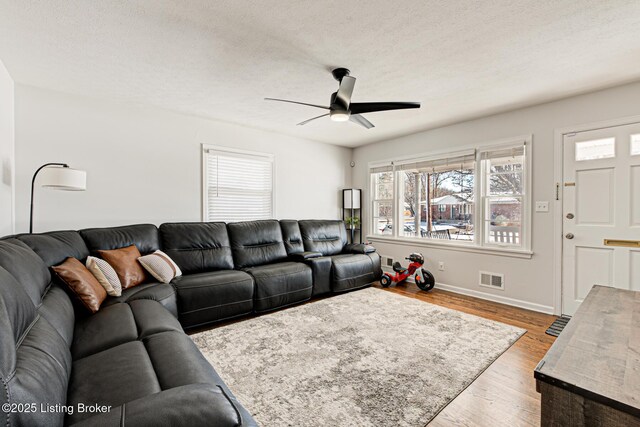 9914 Mccrea Ln, Louisville, KY 40229 - living room with a ceiling fan, wood finished floors, baseboards, and a textured ceiling