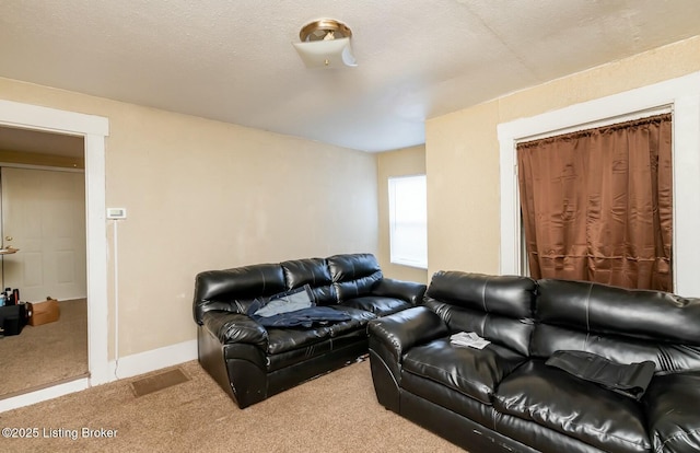 carpeted living room featuring a textured ceiling