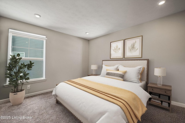 carpeted bedroom with baseboards and recessed lighting