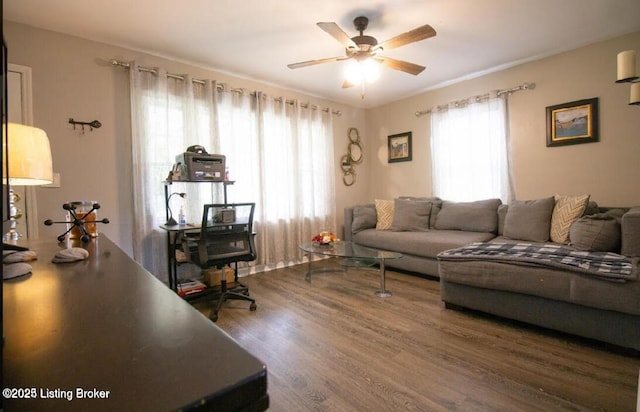 living room with ceiling fan and dark wood-type flooring