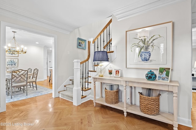 interior space featuring stairs, ornamental molding, baseboards, and an inviting chandelier