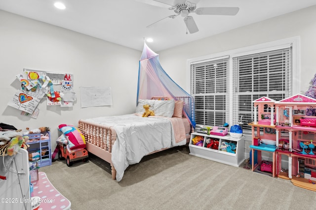 carpeted bedroom with ceiling fan and recessed lighting