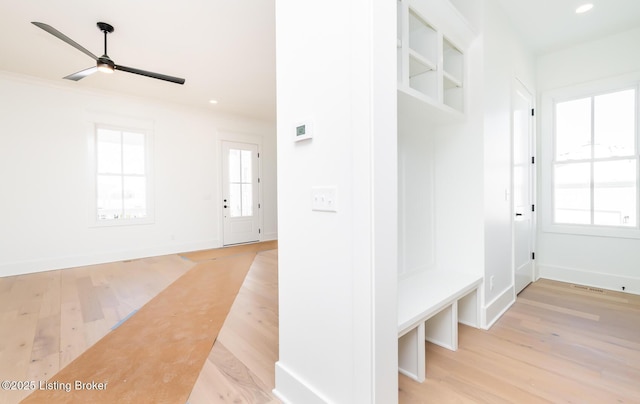 mudroom featuring ceiling fan, light wood-type flooring, and a healthy amount of sunlight