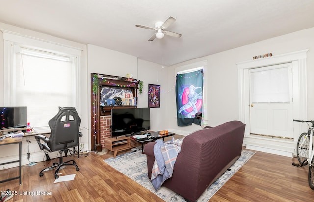 living room featuring ceiling fan and wood-type flooring