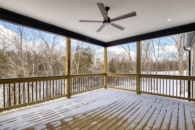 snow covered deck with ceiling fan