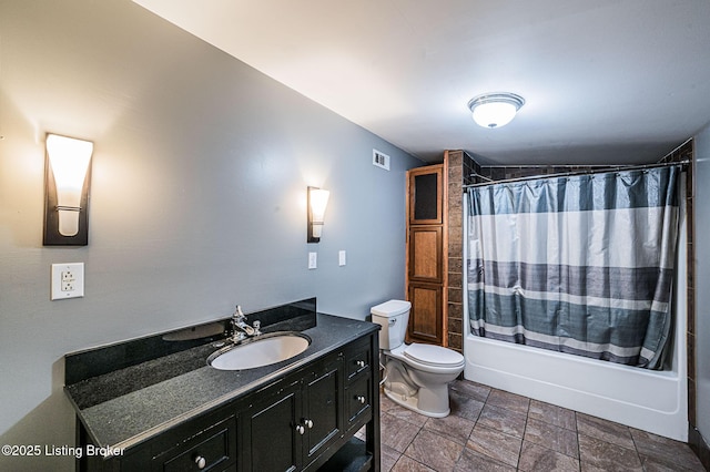 full bathroom featuring toilet, shower / bath combination with curtain, and vanity