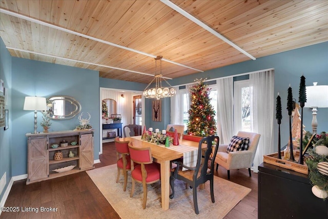 dining room featuring dark hardwood / wood-style floors, an inviting chandelier, and wooden ceiling