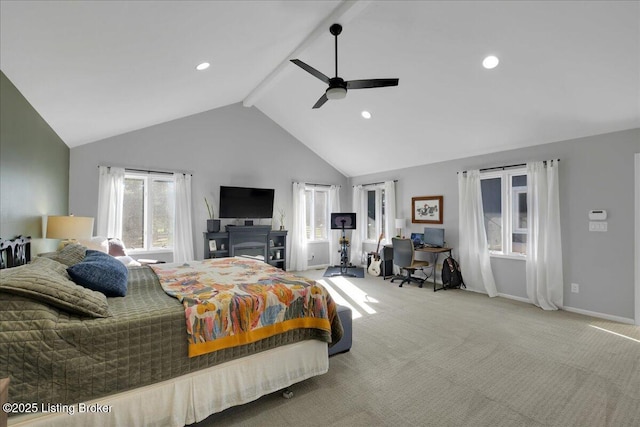 carpeted bedroom with high vaulted ceiling, beamed ceiling, and ceiling fan