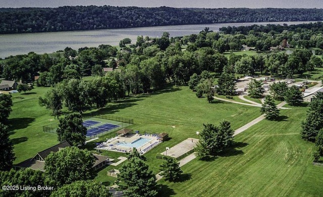 bird's eye view featuring a water view and a rural view