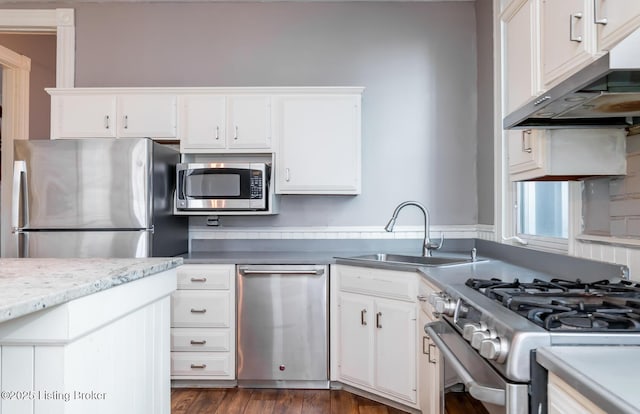 kitchen with white cabinetry, dark wood-type flooring, sink, and stainless steel appliances