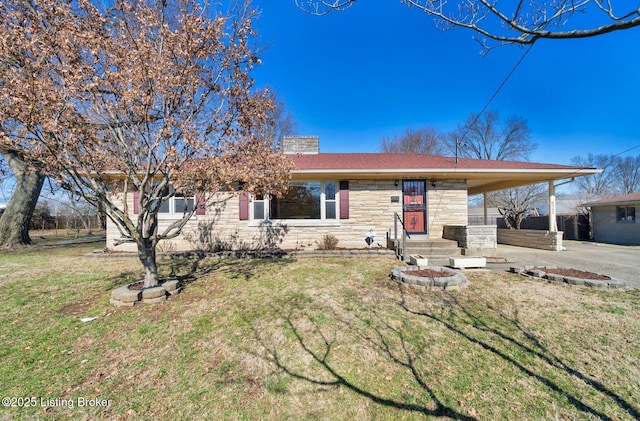 single story home featuring a front yard, stone siding, and a chimney