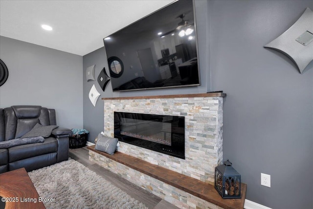 living room featuring hardwood / wood-style flooring and a fireplace