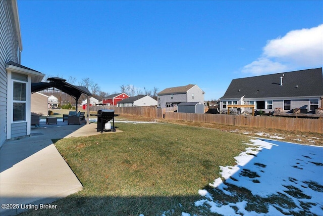 view of yard with an outdoor living space, a gazebo, and a patio area