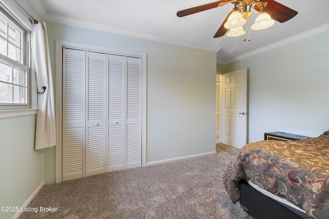 carpeted bedroom with ornamental molding, a closet, ceiling fan, and baseboards