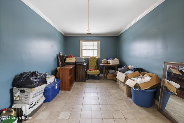 interior space featuring light tile patterned flooring and crown molding