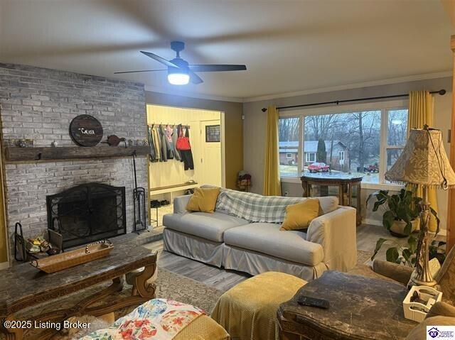 living room with ceiling fan, crown molding, and a fireplace