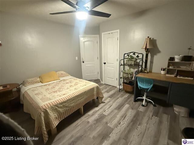 bedroom with ceiling fan and wood-type flooring