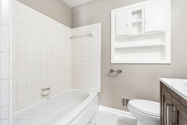 bathroom with marble finish floor, visible vents, toilet, vanity, and shower / tub combination