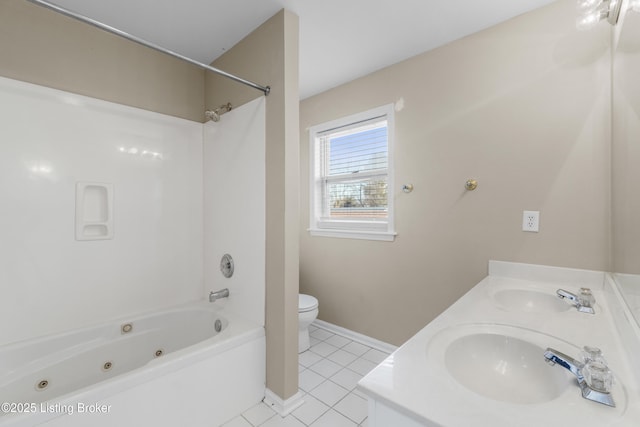 bathroom with tile patterned flooring, a sink, toilet, and double vanity