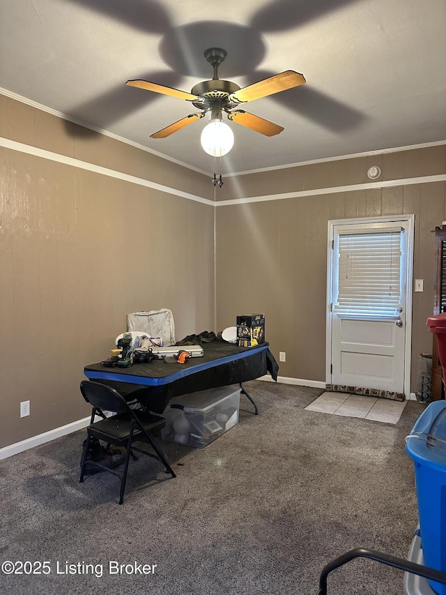 game room featuring ceiling fan, crown molding, and carpet flooring