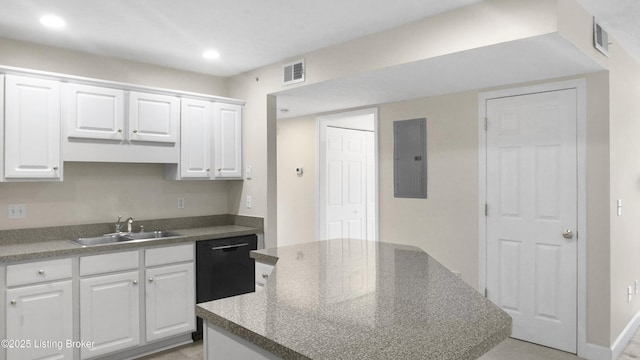 kitchen with electric panel, a kitchen island, sink, and white cabinets