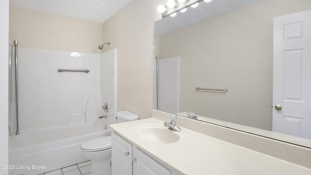 full bathroom with tile patterned flooring, toilet, vanity, and shower / tub combination