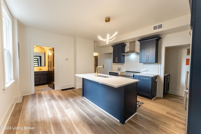 kitchen with a sink, visible vents, light countertops, wall chimney range hood, and stainless steel electric range oven