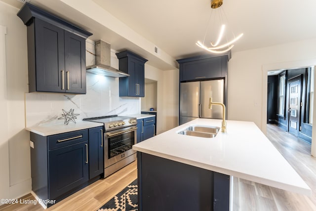 kitchen featuring a kitchen island with sink, a sink, light countertops, appliances with stainless steel finishes, and wall chimney exhaust hood