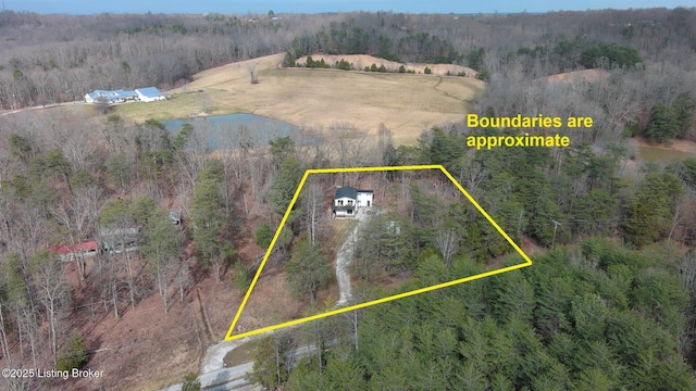 bird's eye view featuring a water view and a view of trees