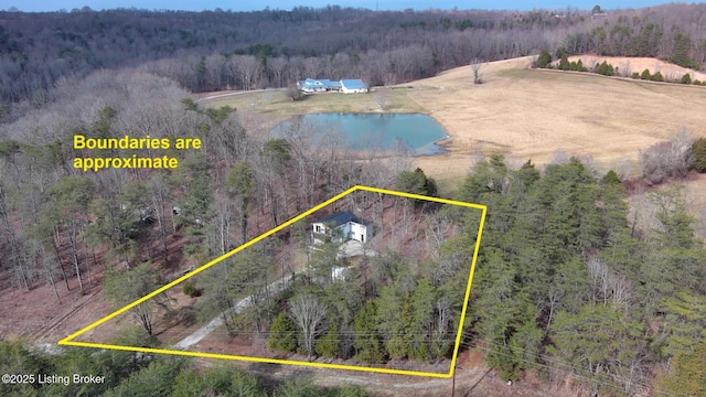 birds eye view of property featuring a water view and a view of trees