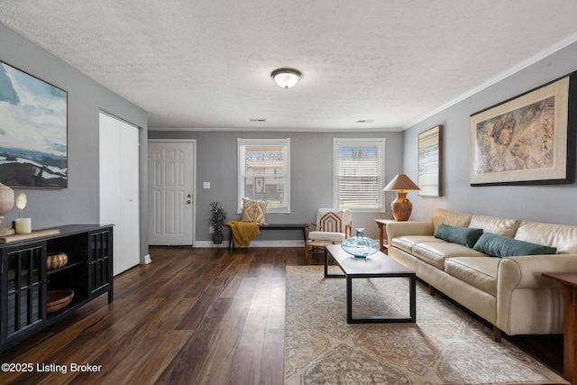 living room featuring a textured ceiling, baseboards, wood finished floors, and ornamental molding