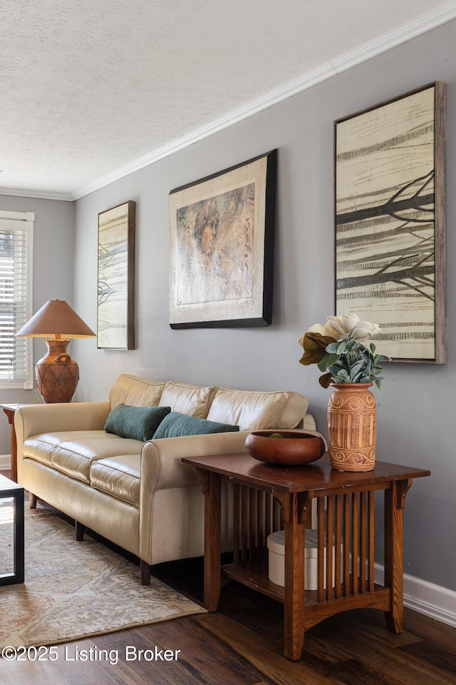 living room featuring crown molding, a textured ceiling, baseboards, and wood finished floors