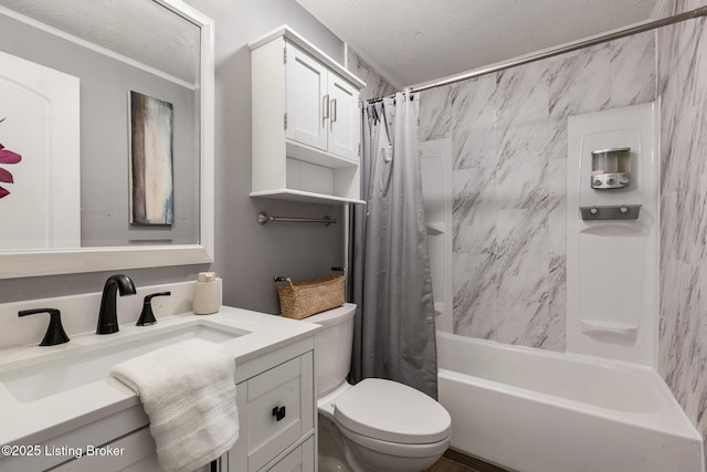 full bath featuring toilet, shower / tub combo with curtain, a textured ceiling, and vanity