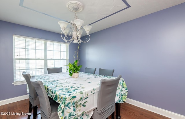 dining room with a chandelier, wood finished floors, and baseboards