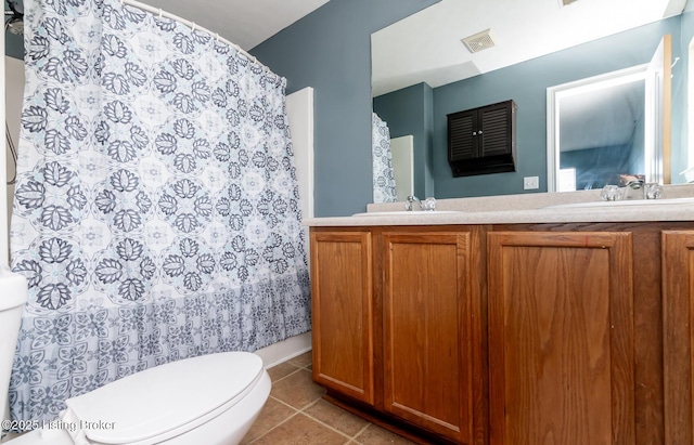 full bathroom featuring toilet, a sink, visible vents, tile patterned floors, and double vanity