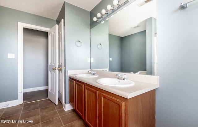 full bath with tile patterned flooring, visible vents, a sink, and double vanity