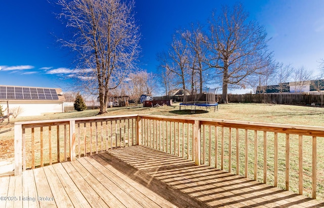 wooden deck featuring a fenced backyard, a trampoline, and a lawn