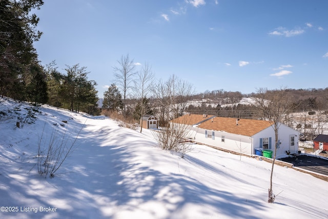 yard layered in snow with an outdoor structure
