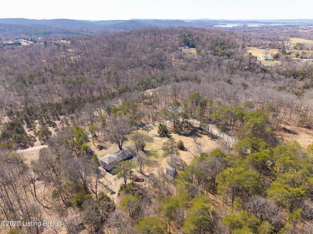 birds eye view of property featuring a forest view