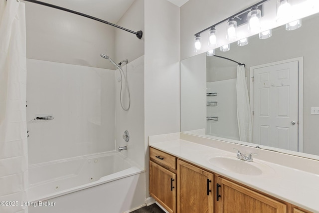 bathroom featuring vanity and shower / tub combo with curtain