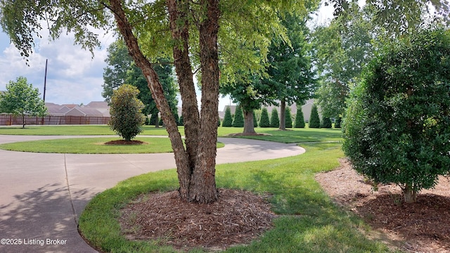 view of home's community with fence and a yard