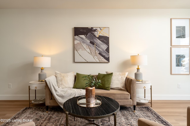 living area featuring baseboards and wood finished floors