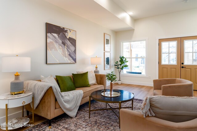 living area featuring french doors, baseboards, and wood finished floors