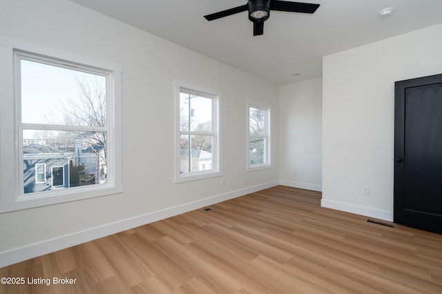 empty room with a ceiling fan, visible vents, baseboards, and light wood-type flooring